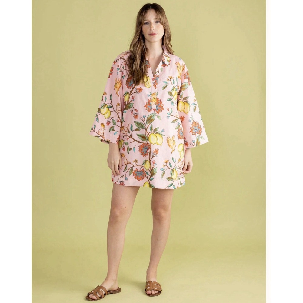 Double A Colette Mini Dress Women's Size Large Lemon Branch Pink Cotton $144 NWT